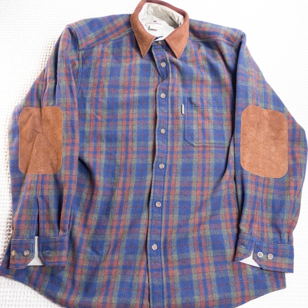 Woolrich Mens Flannel Plaid Shirt Blue Green Burgundy Elbow Patches Large 0351